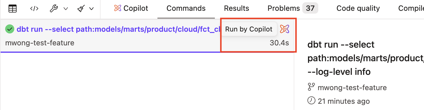 Commands run by the Developer agent appear in the Studio IDE Commands tab with a Copilot icon and 'Run by Copilot' tooltip.