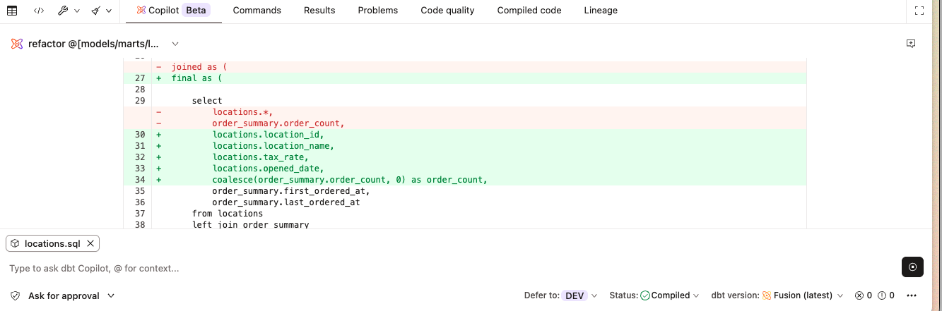 The Developer agent displaying a diff of proposed YAML changes with line indicators and copy/open options. The Developer agent displaying a diff of proposed YAML changes with line indicators and copy/open options.